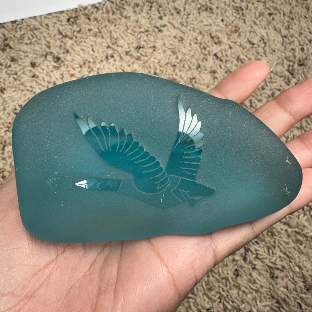 Green Frosted Glass Stone Carving Bird Paperweight Etched Canada